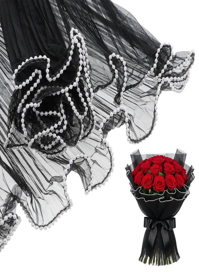 APLZGMG 8 Yards Black Flower Wrapping Mesh Paper with Pearl Edge, Wrinkled Wavy Translucent Net Yarn Bouquet Packaging for Florist Supplies, Wedding, Valentine’s Day, Mother’s Day & DIY Gift Decor - Image 1